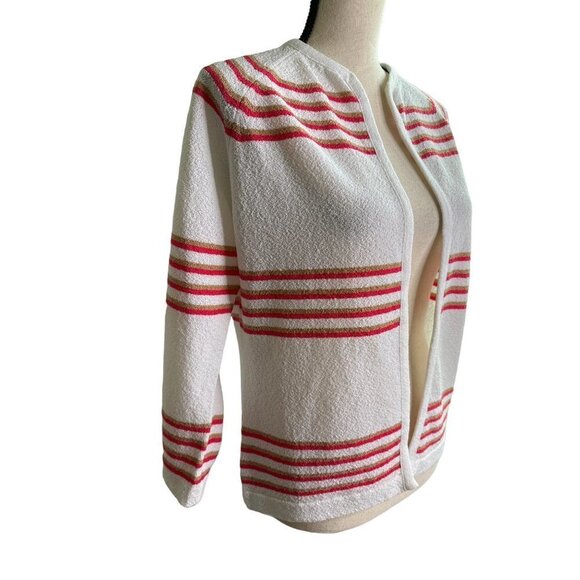 Talbott Cardigan White Stripes Tan Pink Eye Hook Closure Medium - Picture 5 of 6